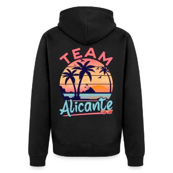 Alicante Urlaub Party Outfit Team Alicante - Unisex Premium Bio Zip Hoodie - Schwarz - Hinten - Nico (187cm)