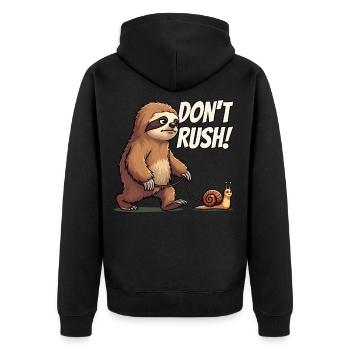 Sloth Saying, Don't Rush, Snail Hiking - Unisex Premium Organic Zip Hoodie - black - Back - Nico (187cm)