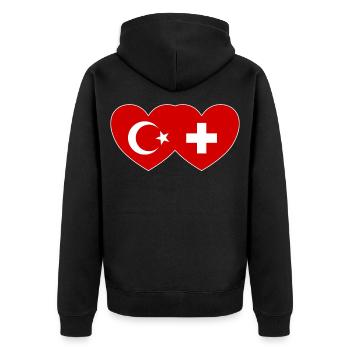 Türkei Schweiz Flagge Herz vereint - Unisex Premium Bio Zip Hoodie - Schwarz - Hinten - Nico (187cm)