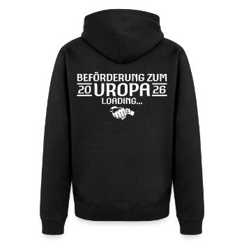 Uropa 2026 loading Schwangerschaftsverkündung - Unisex Premium Bio Zip Hoodie - Schwarz - Hinten - Nico (187cm)
