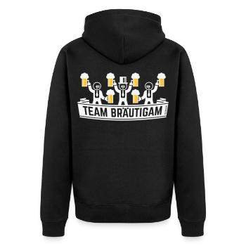 Team Bräutigam (JGA Polterabend Bierkrüge / NEG2C) - Unisex Premium Bio Zip Hoodie - Schwarz - Hinten - Nico (187cm)