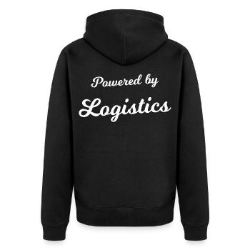 Powered by Logistics - Unisex Premium Bio Zip Hoodie - Schwarz - Hinten - Nico (187cm)