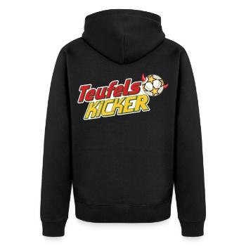 Teufelskicker Logoschriftzug Mit Fußball - Unisex Premium Bio Zip Hoodie - Schwarz - Hinten - Nico (187cm)