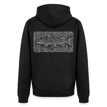 Hecht Line-Art – Edles Angler & Fischer Design - Unisex Premium Bio Zip Hoodie - Schwarz - Hinten - Nico (187cm)