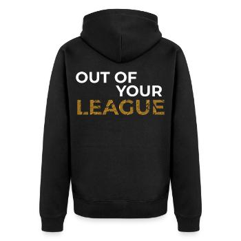 Out of your league, Für Legenden | Skill macht's - Unisex Premium Bio Zip Hoodie - Schwarz - Hinten - Nico (187cm)