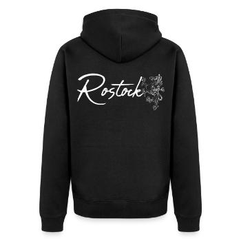 Rostock Schriftzug mit Greif - Unisex Premium Bio Zip Hoodie - Schwarz - Hinten - Nico (187cm)