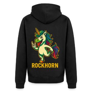 Rockhorn Einhorn Spruch Design - Unisex Premium Bio Zip Hoodie - Schwarz - Hinten - Nico (187cm)