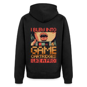 70s 80s 90s I Blew Into Game Cartridges - Unisex Premium Organic Zip Hoodie - black - Back - Nico (187cm)