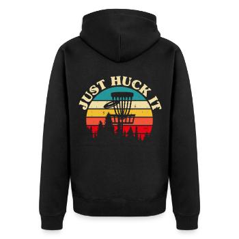 Disc Golf Discgolf Just Huck It - Unisex Premium Organic Zip Hoodie - black - Back - Nico (187cm)