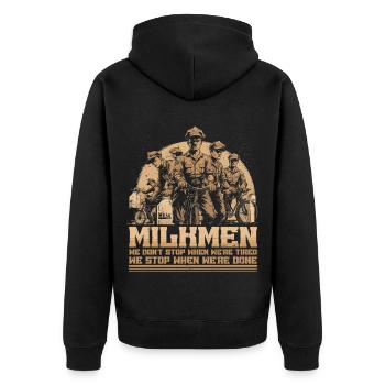 Laitier On s’arrête quand on a fini - Veste à capuche bio Premium Unisexe - noir - Dos - Nico (187cm)