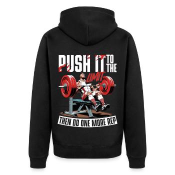 Brusttraining Bodybuilder Fitnessstudio - Unisex Premium Bio Zip Hoodie - Schwarz - Hinten - Nico (187cm)