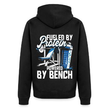 Bodybuilder Fueld By Protein Powered By Bench - Unisex Premium Organic Zip Hoodie - black - Back - Nico (187cm)