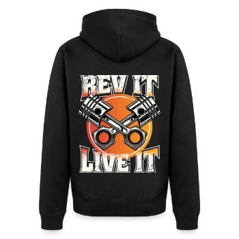 Petrolhead Auto Tuning Motorsport Rev It Live It - Unisex Premium Bio Zip Hoodie - Schwarz - Hinten - Nico (187cm)