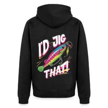 Glasseye Zander Angler I'd Jig That! - Unisex Premium Organic Zip Hoodie - black - Back - Nico (187cm)