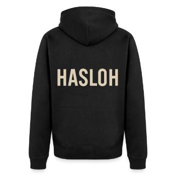 Hasloh Heimatliebe Shirt – Norddeutsch & Lokal - Unisex Premium Bio Zip Hoodie - Schwarz - Hinten - Nico (187cm)