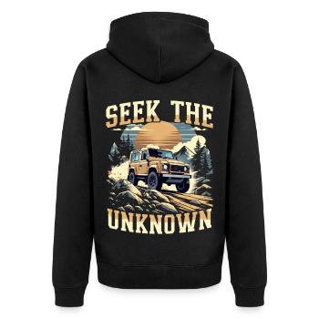 Overlanding Camping Seek The Unknown - Unisex Premium Bio Zip Hoodie - Schwarz - Hinten - Nico (187cm)
