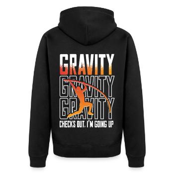 Stabhochsprung Stabspringer Gravity checks out - Unisex Premium Bio Zip Hoodie - Schwarz - Hinten - Nico (187cm)