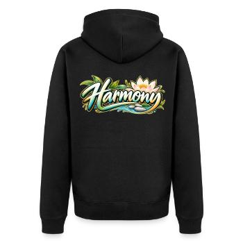 Harmony: Lotusfluss Zen-Muster - Unisex Premium Bio Zip Hoodie - Schwarz - Hinten - Nico (187cm)