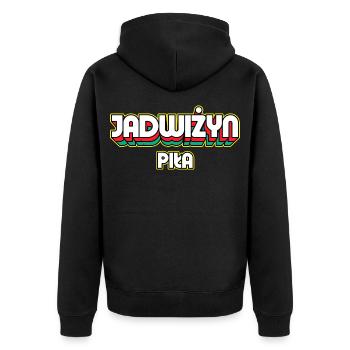 Jadwiżyn Piła. Name des Retro-Bezirks - Unisex Premium Bio Zip Hoodie - Schwarz - Hinten - Nico (187cm)