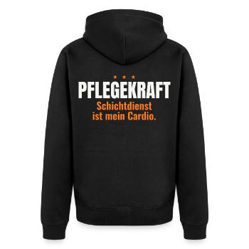 Pflegekraft – Schichtdienst ist mein Cardio - Unisex Premium Bio Zip Hoodie - Schwarz - Hinten - Nico (187cm)