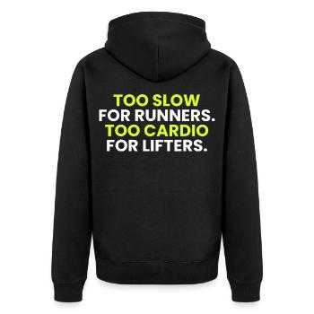 02_too-langsam-für-runners_dark-Kleidungsstück - Unisex Premium Bio Zip Hoodie - Schwarz - Hinten - Nico (187cm)