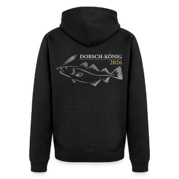 Dorschkönig 2026 - Unisex Premium Bio Zip Hoodie - Schwarz - Hinten - Nico (187cm)