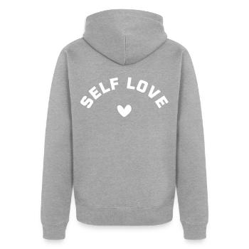 Selbstliebe mit Herz – SELF LOVE  - Unisex Premium Bio Zip Hoodie - Grau meliert - Hinten - Nico (187cm)