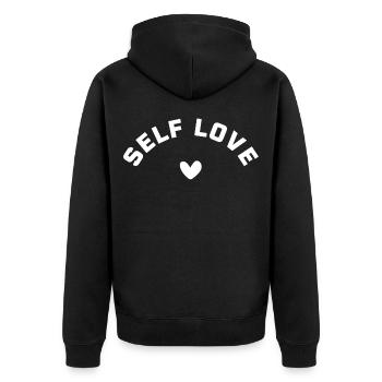 Self-love with heart – SELF LOVE - Unisex Premium Organic Zip Hoodie - black - Back - Nico (187cm)