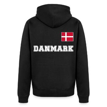 Dänemark Trikot Look – DANMARK mit Fahne Flagge - Unisex Premium Bio Zip Hoodie - Schwarz - Hinten - Nico (187cm)