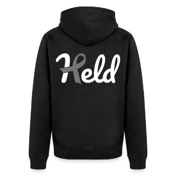 Held Krebs - Unisex Premium Bio Zip Hoodie - Schwarz - Hinten - Nico (187cm)