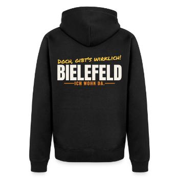 Bielefeld – Doch, gibt's wirklich! Ich wohn da. - Unisex Premium Bio Zip Hoodie - Schwarz - Hinten - Nico (187cm)