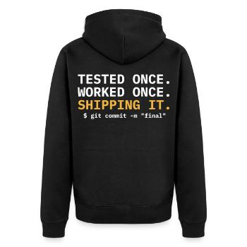 Einmal getestet, beim Versand funktionierte es - Unisex Premium Bio Zip Hoodie - Schwarz - Hinten - Nico (187cm)