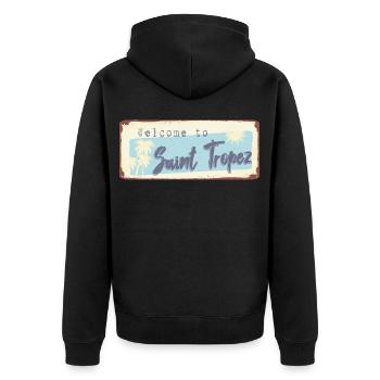 Welcome to Saint Tropez - Unisex Premium Bio Zip Hoodie - Schwarz - Hinten - Nico (187cm)