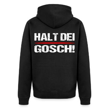 Halt dei Gosch! Schwoba Humor - Unisex Premium Bio Zip Hoodie - Schwarz - Hinten - Nico (187cm)