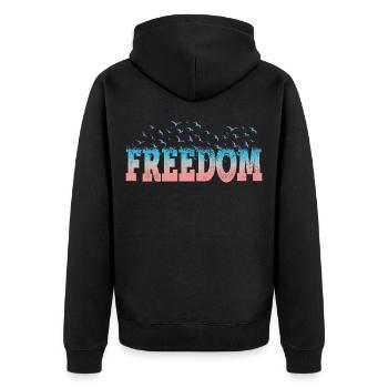 Freedom Freiheit Schrift Bunt Vögel Vintage Retro - Unisex Premium Bio Zip Hoodie - Schwarz - Hinten - Nico (187cm)