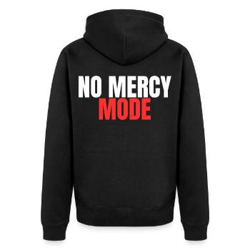 NO MERCY MODE – Gym Motivation Shirt - Unisex Premium Bio Zip Hoodie - Schwarz - Hinten - Nico (187cm)
