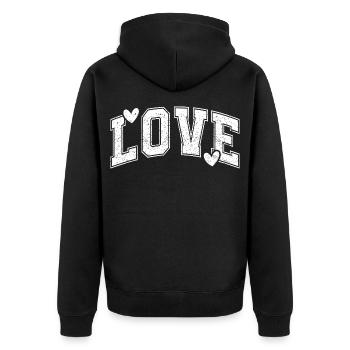 LIEBE – Vintage-Typografie-Herzdesign - Unisex Premium Bio Zip Hoodie - Schwarz - Hinten - Nico (187cm)