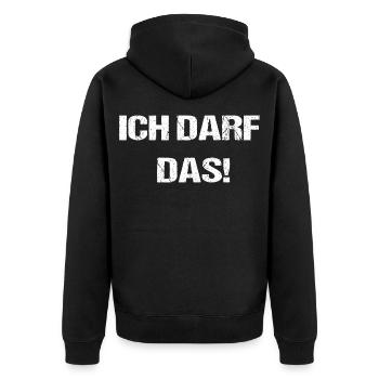 Ich Darf Das Frecher Humor Spruch - Unisex Premium Bio Zip Hoodie - Schwarz - Hinten - Nico (187cm)