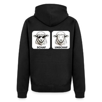 Schaf Unschaf - Wortspiel mit unscharf und Schaf - Unisex Premium Bio Zip Hoodie - Schwarz - Hinten - Nico (187cm)
