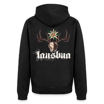 Lausbua Hirsch Edelweiß Trachtenshirt Bayern - Unisex Premium Bio Zip Hoodie - Schwarz - Hinten - Nico (187cm)