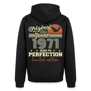 geboren im Juni 1971, Juni 1971, geboren im Juni 1971 Juni 1971 - Unisex Premium Bio Zip Hoodie - Schwarz - Hinten - Nico (187cm)