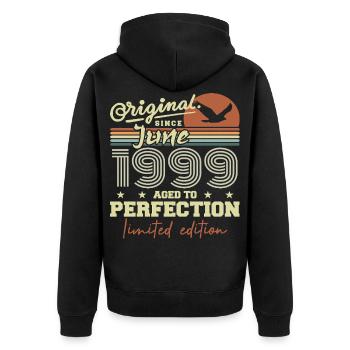 Jahrgang Juni 1999, Juni 1999, Jahrgang Juni 1999 Juni 1999 - Unisex Premium Bio Zip Hoodie - Schwarz - Hinten - Nico (187cm)