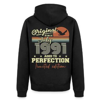 Juillet 1991 Anniversaire Rétro Né en Juillet 1991 - Veste à capuche bio Premium Unisexe - noir - Dos - Nico (187cm)