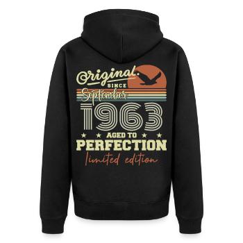 Born in September 1963 September - September 1963 - Unisex Premium Organic Zip Hoodie - black - Back - Nico (187cm)