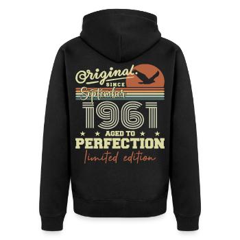 Born in September 1961 September - September 1961 - Unisex Premium Organic Zip Hoodie - black - Back - Nico (187cm)