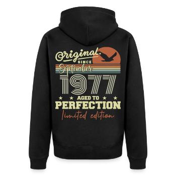 Born in September 1977 September - September 1977 - Unisex Premium Organic Zip Hoodie - black - Back - Nico (187cm)