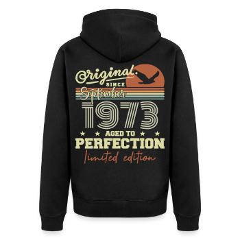 Born in September 1973 September - September 1973 - Unisex Premium Organic Zip Hoodie - black - Back - Nico (187cm)