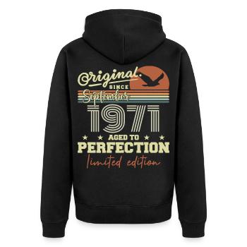 Born in September 1971 September - September 1971 - Unisex Premium Organic Zip Hoodie - black - Back - Nico (187cm)