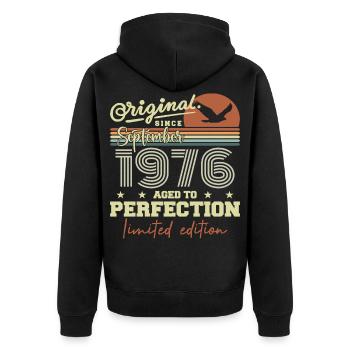 Born in September 1976 September - September 1976 - Unisex Premium Organic Zip Hoodie - black - Back - Nico (187cm)