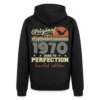 Born in September 1970 September - September 1970 - Unisex Premium Organic Zip Hoodie - black - Back - Nico (187cm)